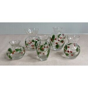 HAND PAINTED GLASS , CLEAR MINI VASES. 5 ITEMS IN THE SET.  VINES & BERRIES.